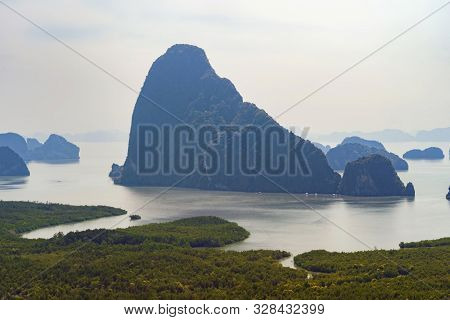 Samet Nangshe Viewpoint At Sunset With Andaman Sea In Phang Nga Bay, Tourist Attraction In Summer Se