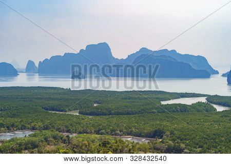 Samet Nangshe Viewpoint At Sunset With Andaman Sea In Phang Nga Bay, Tourist Attraction In Summer Se
