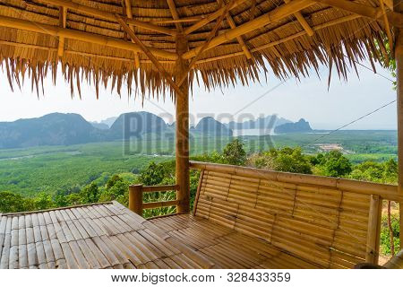 Wooden Table And Chairs In Thai Pavilion At Samet Nangshe Viewpoint With Sea In Phang Nga Bay, Touri