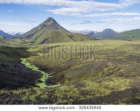 Volcanic Landscape Of Green Storasula Mountain With Lush Moss Between Emstrur And Alftavatn Camping 