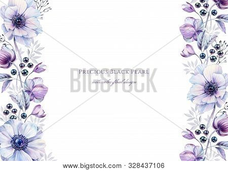 Watercolor White Anemones With Black Pearls. Purple Side Borders Isolated On White. Hand-painted Rea