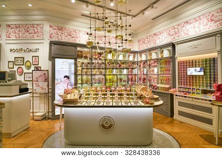 SHENZHEN, CHINA - CIRCA APRIL, 2019: products on display at Roger & Gallet store in Coastal City shopping mall.