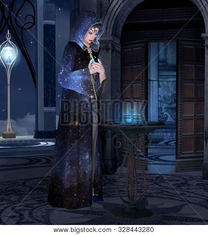 Beautiful Fairy Ready For An Ancient Rite In The Blue Night - 3d Illustration