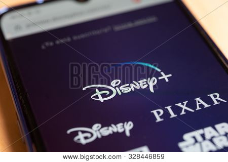 Barcelona, Spain. October 2019: Close Up View Of Disney Plus On Smartphone Screen.