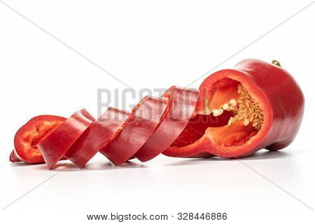 Group Of One Half Five Slices Of Sweet Red Bell Pepper Isolated On White Background