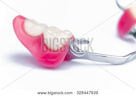 Part Of Clasp Prosthesis In Focus. Fixation Clamer. False Teeth On The Lower Jaw. Removable Denture 