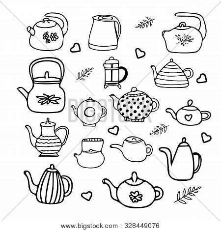 Doodle Style Teapot Collection. Scandinavian Cozy Simple Hygge Liner Style. Hand Drawn Pot, Kettle, 