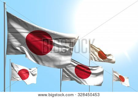Pretty Memorial Day Flag 3d Illustration
 - 5 Flags Of Japan Are Wave On Blue Sky Background