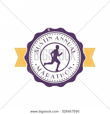 Marathon Vintage Emblem, Badge With Running Man, Round Logo Isolated On White