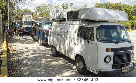 Tulum, Mexico - February, 18th, 2018: Classic Combi And T3 Camper Van Parked At The Street