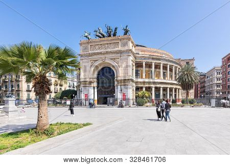 Palermo, Sicily - Marc 23, 2019: Teatro Politeama Palermo, Politeama Theatre Front View From The Sid