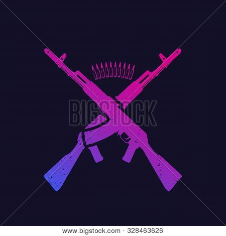 Two Crossed Assault Rifles, Russian Automatic Guns And Bullets, Vector