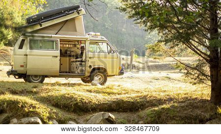 Encuentro Park, Chiapas, Mexico - April13th , 2018: Camper Van Park During Golden Hour