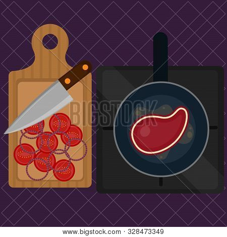 Meat Stean On A Pan And Tomatoes And Red Onion Cuts On A Cutting Board. Food Preparation - Vector Il
