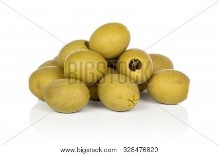Lot Of Whole Marinated Green Olive Heap Isolated On White Background
