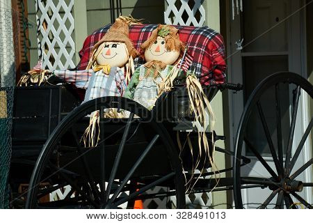 Raggedy Ann,dolls In An Old Antique Black  Horse And Buggy Dressed For Halloween
