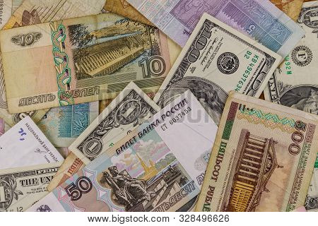 Multicurrency Background Of Us Dollars, Russian Rubles, Belarusian Rubles, Egyptian Pounds And Ukrai