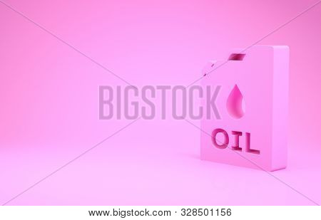 Pink Plastic Canister For Motor Machine Oil Icon Isolated On Pink Background. Oil Gallon. Oil Change