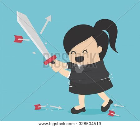 Business Woman Holding Sword To Protecting Arrow