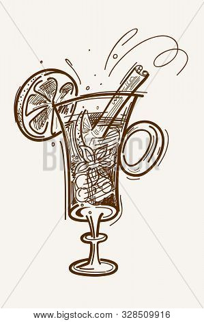 Christmas Hot Mulled Wine With Orange And Spices. Vector Sketch On A White