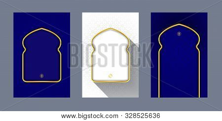 Getting Cards Islamic Pattern Blue White Background With Gold Window Door For Text Message Vector De