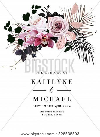 Black And Dusty Pink Flowers Glamour Vector Design Bouquet Frame. Dusty Rose, Pink Cymbidium Orchid,