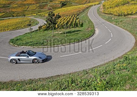 Turkheim, France, October 12, 2019 : On The Roads Of The Route Des Vins Of Alsace In Sport Cars, Thr