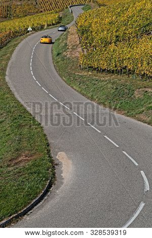 Turkheim, France, October 12, 2019 : On The Roads Of The Route Des Vins Of Alsace In Sport Cars, Thr