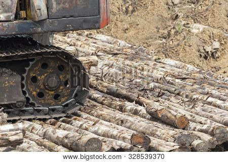 Tracks Wheel Of Excavator Or Digging Machine Working Bucket Digging Ground In Canal The Process Of C