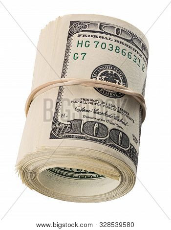 A Roll Of Hundred Us Dollars Laying On Side Isolated On White Background