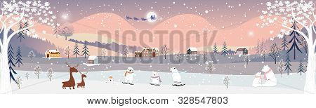 Panorama Of Winter Landscape At Night,vector Of Winter Wonderland At Countryside With Snowing, Rein 