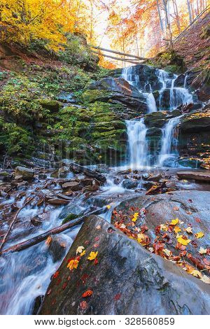 Waterfall Shypot In Gorgeous Evening Light. Beautiful Autumn Scenery Of Carpathian Nature Wonders