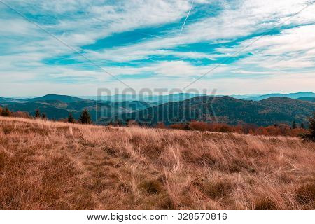 Autumn Mountain Landscape, High Red Dry Grass On The Background Of Mountains And Blue Turquoise Sky