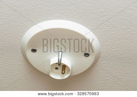 Close Up View Of White Ceiling Power Socket. Elictricity Concept. Power Supply Elements.
