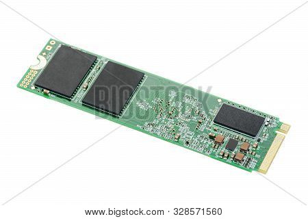 Nvme M2 Ssd Disk For Data Storage At High Speed, Isolated On White Background. Close-up Macro Shot.