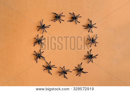 Halloween Background Decoration Holiday Concept. Minimal Flat Lay View Of Black Spide. October