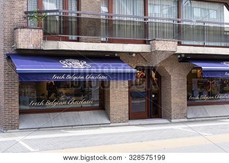Sint Gillis Waas, Belgium, 9 September 2019, Fresh Belgian Chocolate Shop In A Small Village In East