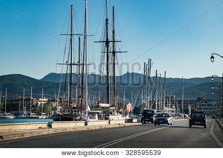 Lefkada, Greece - September 15, 2017: Mooring Place With Sailboats Near Eo Amfilochias Lefkadas - Hi