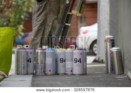 Kharkov, Ukraine - August 24, 2019: Montana Mtn 94 And Kobra Used Spray Cans For Graffiti Painting O
