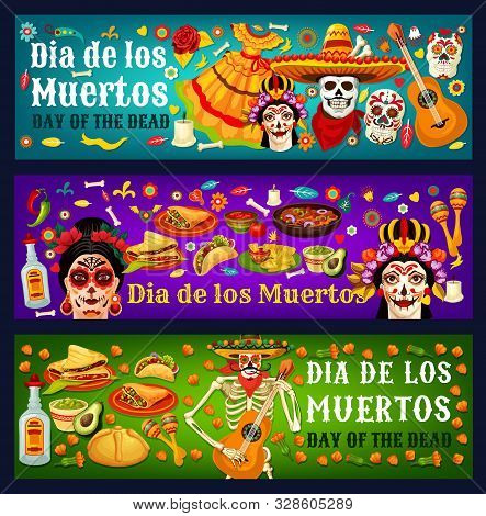 Dia De Los Muertos Sugar Skulls, Catrina And Marigold Flowers, Mexican Day Of The Dead Vector Design