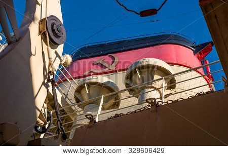 Icebreaker Krasin - View Of The Chimney. There Are Many Technical Elements Of The Ship In The Frame