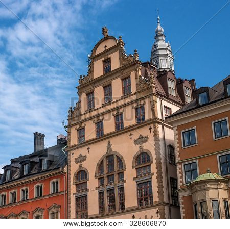 Sweden, Stockholm, On An Old Street In Gamlastan. Fragment Of The Facade Of An Old House. The Mediev
