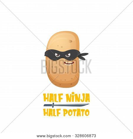 Half Ninja Half Potato Character With Black Super Hero Mask. Super Ninja Kawaii Vegetable Food Chara