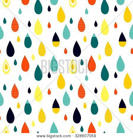 Seamless Abstract Pattern With Drop Shapes. Blue, Orange, Red, Yellow Colors. Avan-garde Cute Cartoo