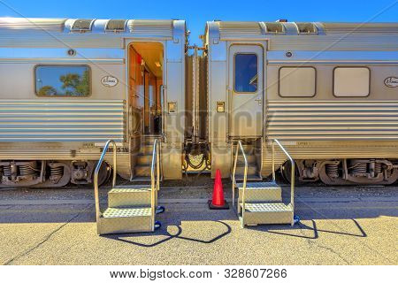 Alice Springs, Northern Territory, Australia - Aug 29, 2019: The Legendary Ghan Train Stops At Alice