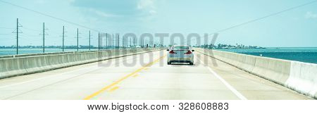 Florida, Usa - September 12, 2019: Panorama Of Road Us1 To Key West Over Florida Keys