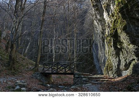 Autumn Walk Through The Maze Of Teteven Balkan With High Peaks, River, Bridge And Mossy Steep Cliff,