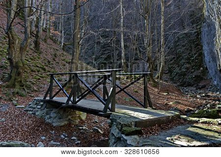 Autumn Walk Through The Maze Of Teteven Balkan With High Peaks, River, Bridge And Mossy Steep Cliff,