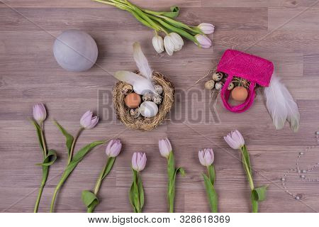 Easter Holiday Decoration Design With Eggs Feathers Bag Tulips. Beautiful Decoration Easternest With