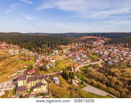 Aerial Drone View Of Skhidnytsia Popular Healing Spa Resort In Carpathians. Balneological Resort Wit